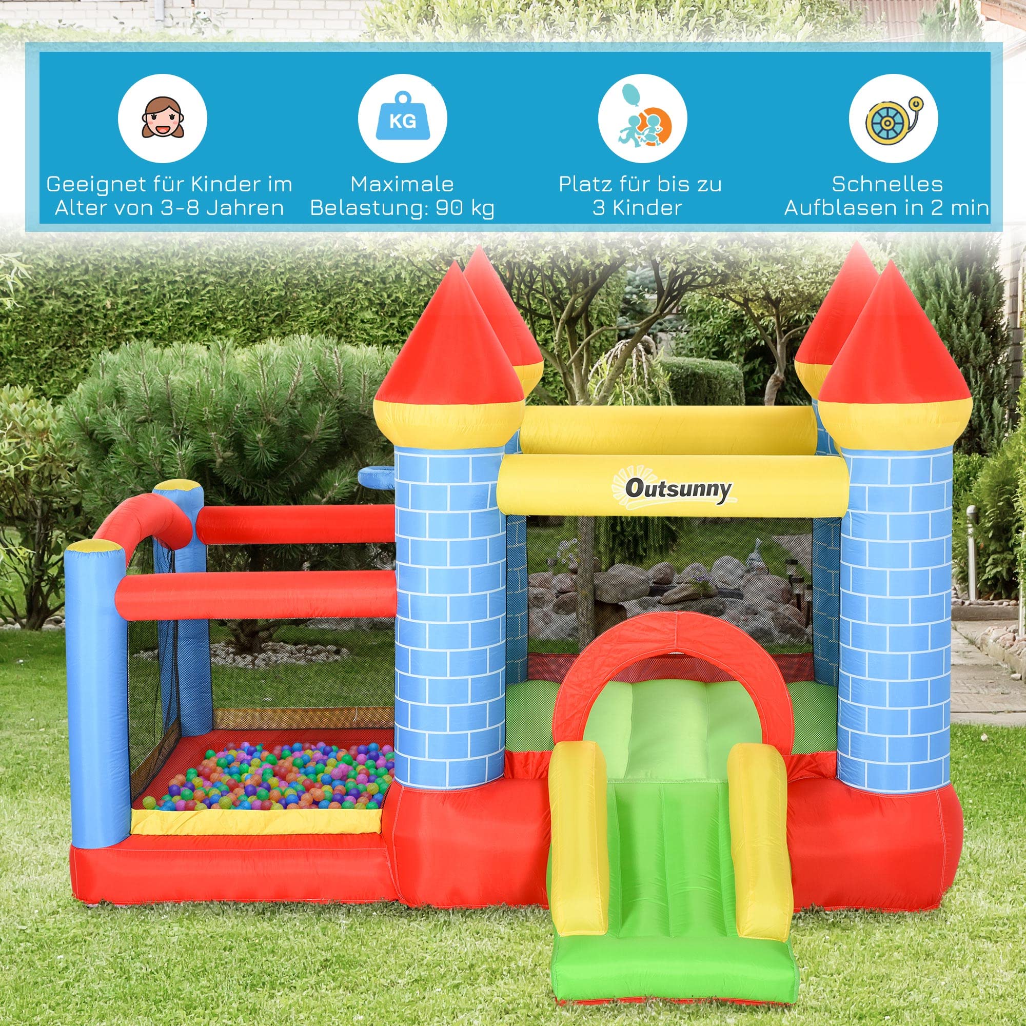 Outsunny Hüpfburg mit Gebläse Aufblasbare Kinderhüpfburg 280 x 260 x 210 cm | Für Kinder 3-8 Jahre, Spielburg mit Rutsche Basketballkorb Trampolin Pool Planschbecken, Spielplatz für Indoor und Outdoor