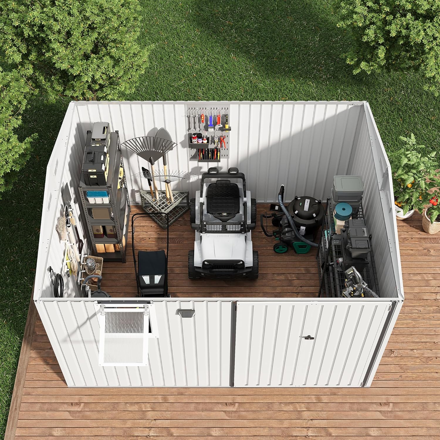 10x8FT Outdoor Storage Shed with Pushable Window, Metal Garden Shed with Sloping Roof,Breathable Vent and Lockable Doors, Steel Tool Shed for Patio Garden, Garage, Backyard, Poolside