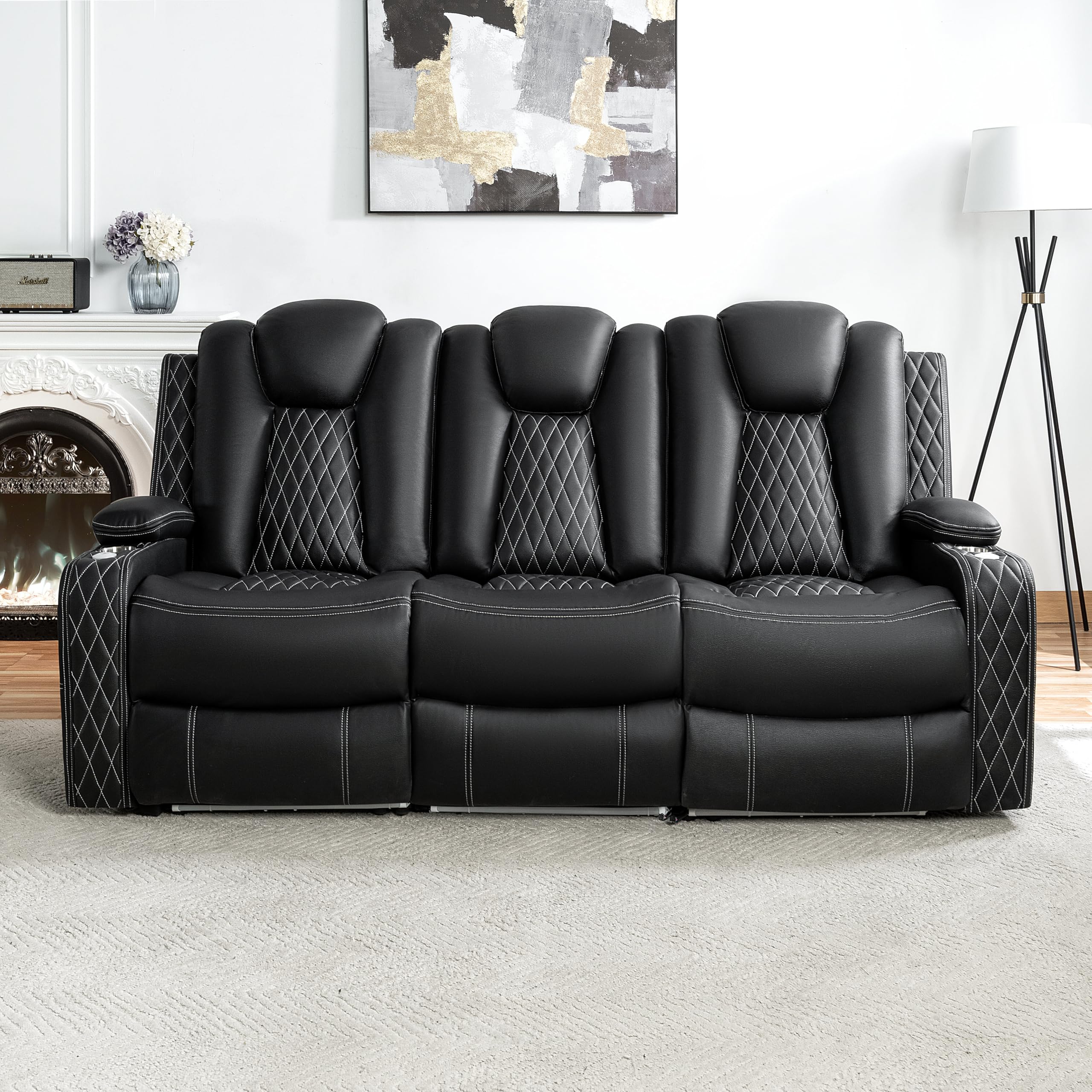 Naomi Home Chicago Power Recliner Sofa & Home Theater Seating with Wireless Charging Electric Recliner RV Sofa with USB/Cup Holders/Storage/LED Light/Speaker, Black/Air Leather