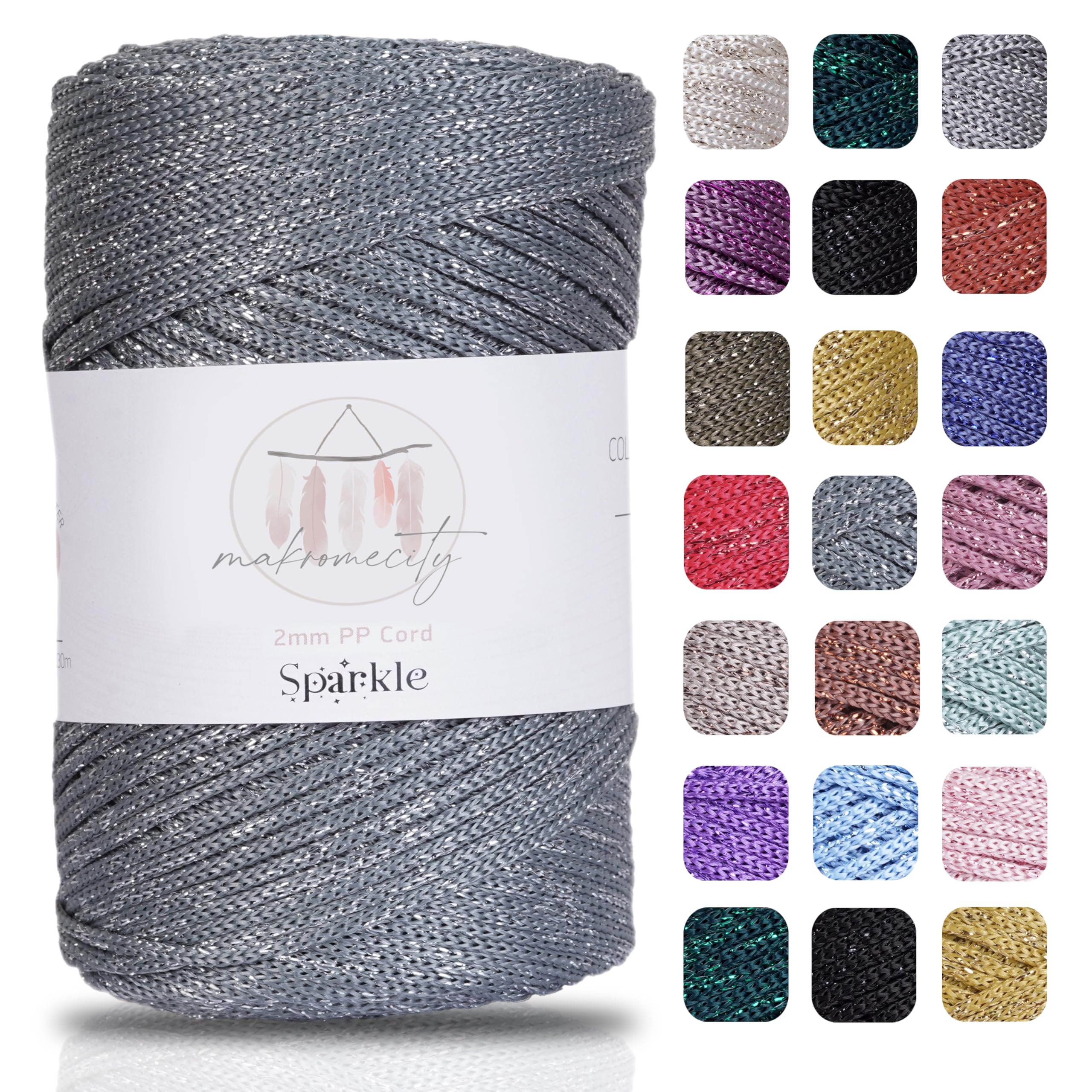 Makromecity Sparkle Polyester Macrame Cord, 2mm x 250 Yards (750 feet), Grey Sparkle