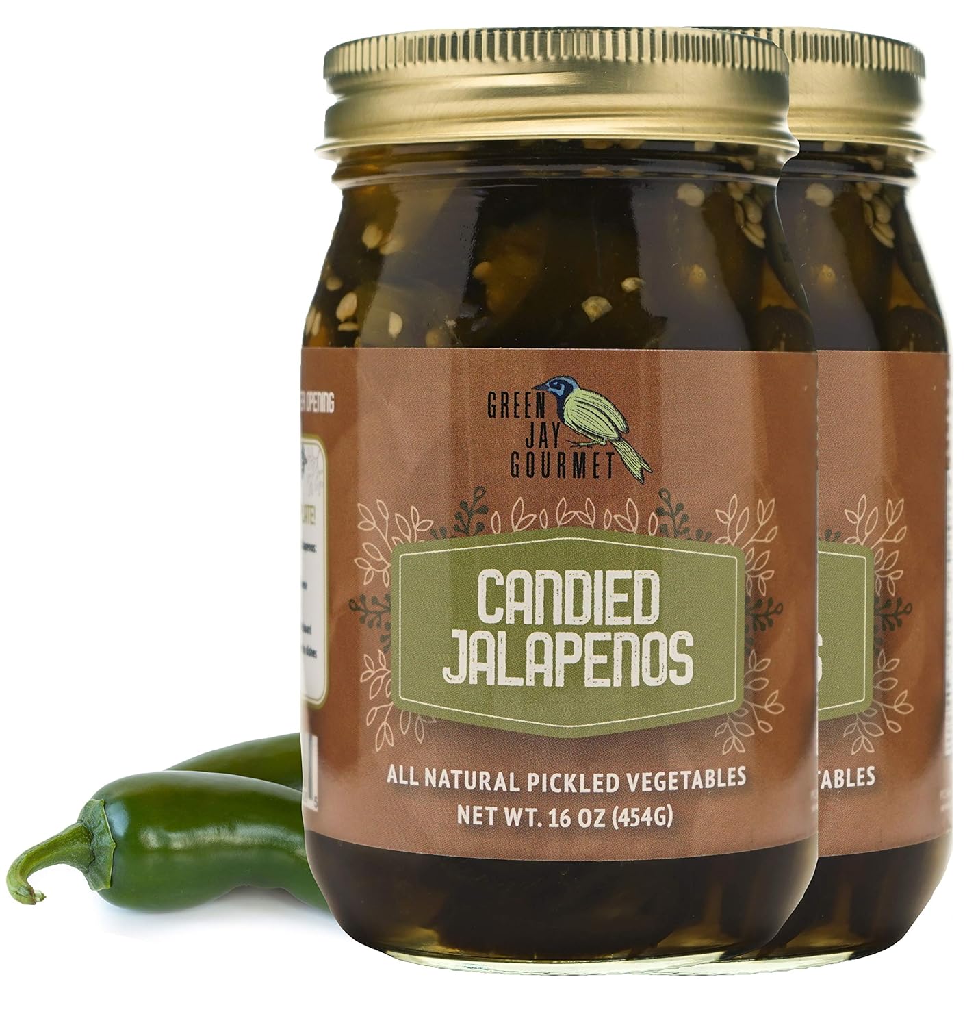Green Jay Gourmet Pickled Candied Jalapeños in a Jar - Fresh Hand Jarred Vegetables for Cooking & Pantry – Pre-Prepared Pickled Candied Jalapeños – Simple Natural Ingredients - 2 x 16 Ounces