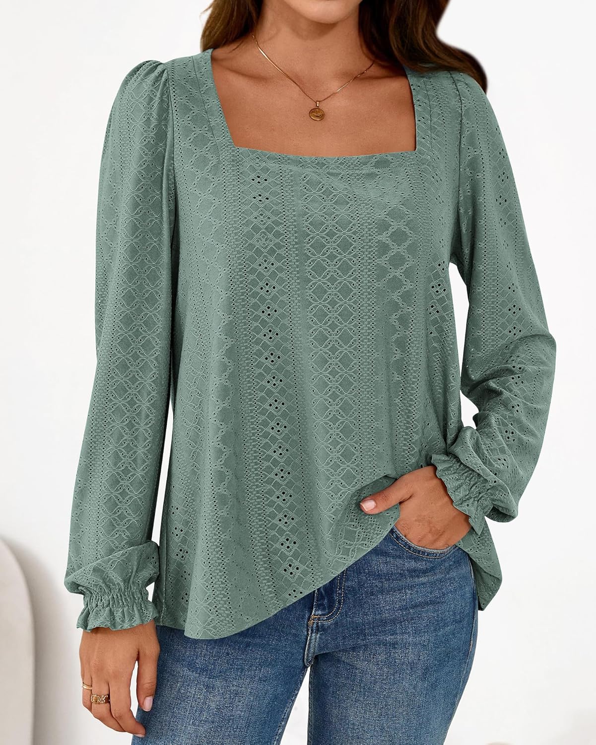 Okiwam Womens Long Sleeve Shirts Fall 2026 Square Neck Dressy Casual Blouses Eyelet Tunic Tops Fashion Outfits Clothes - Image 5