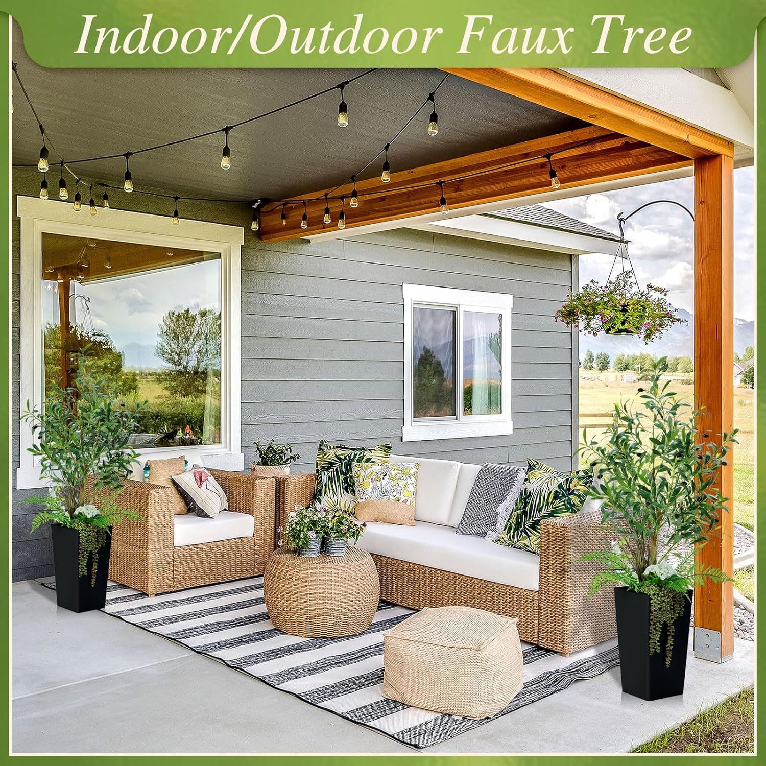 Giegxin 2 Pcs Artificial Olive Tree Combo 4ft Tall Faux Olive Trees with Tapered Planter & 5 Decorative Plants, UV Resistant Fake Floor Potted Plants for Indoor Outdoor Porch Home Office Decor(Black)