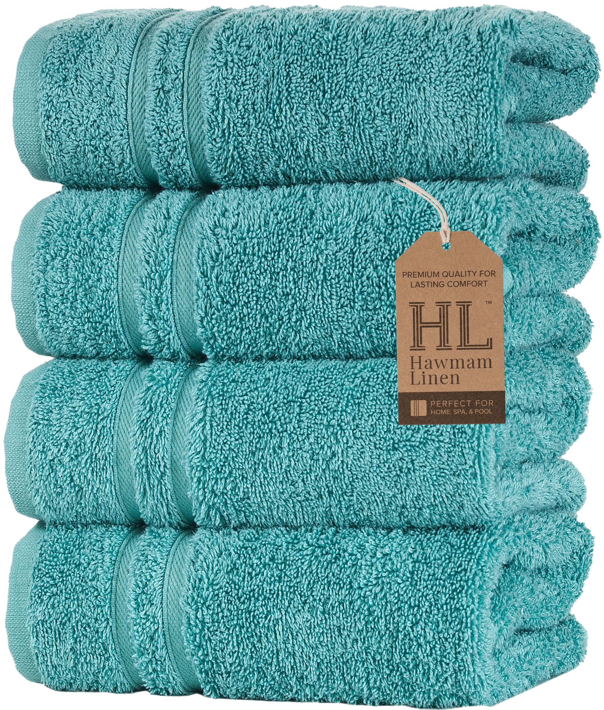 Hawmam Linen Hand Towels for Bathroom, Turkish Cotton, 4 Pack, Green Water