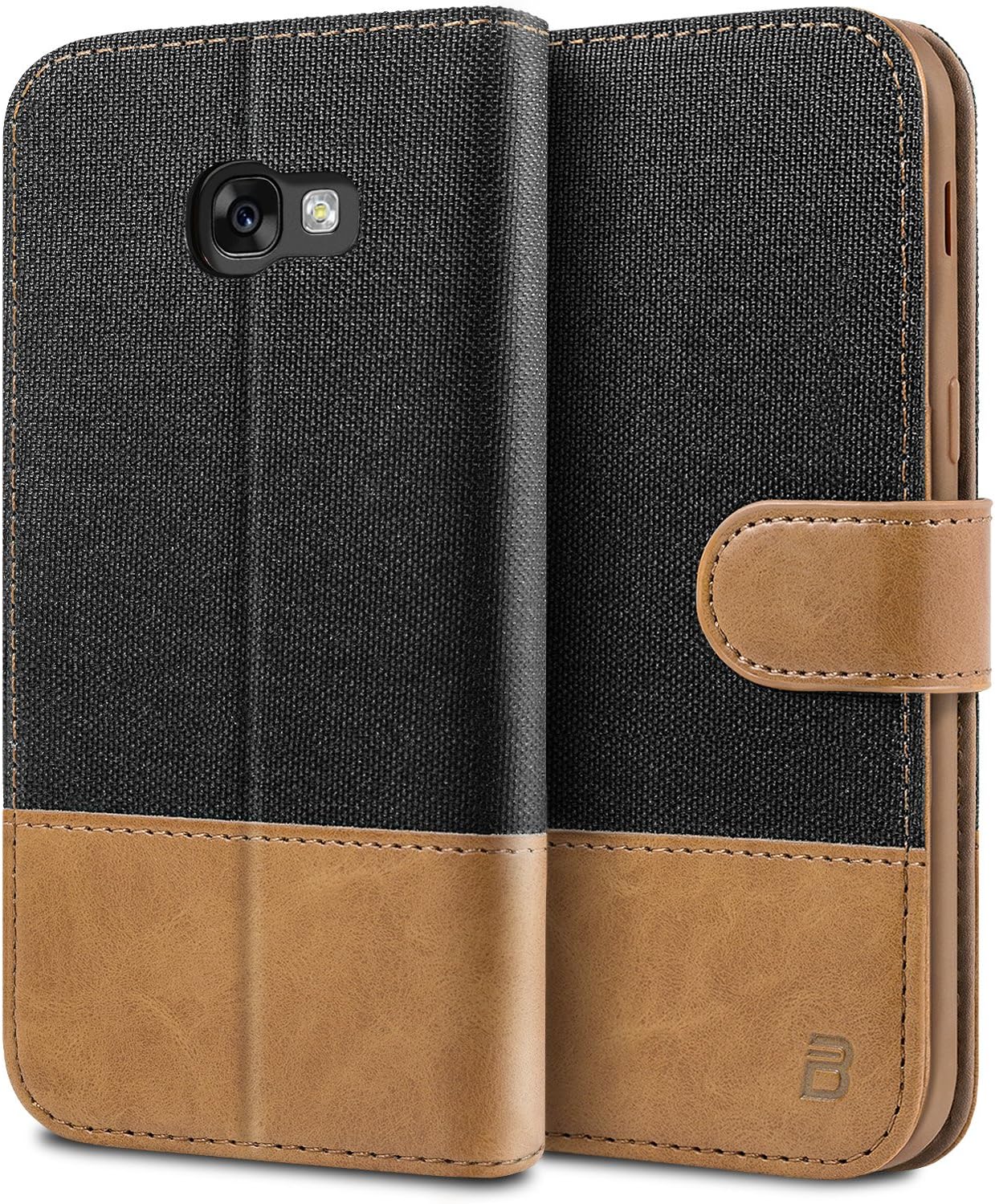 BEZ Case for Samsung A5 2017 Phone Case, Flip Case Compatible with Samsung Galaxy A5 2017, Wallet Cover [Canvas Faux Leather] with Credit Card Holders, Kick Stand, Magnetic Strap Closure, Black