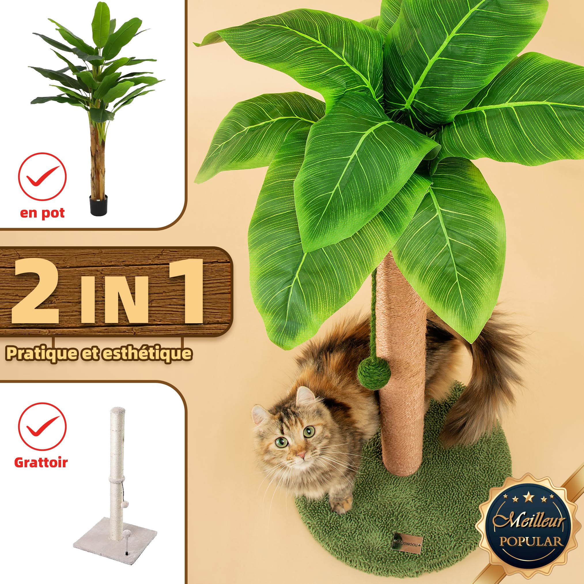 Meowoou Griffoir pour Chat, 84 cm Mignon Grattoir avec Corde Sisal d'Intérieur Palmier avec Balles Suspendues pour Petit, Moyen ou Grand Chat