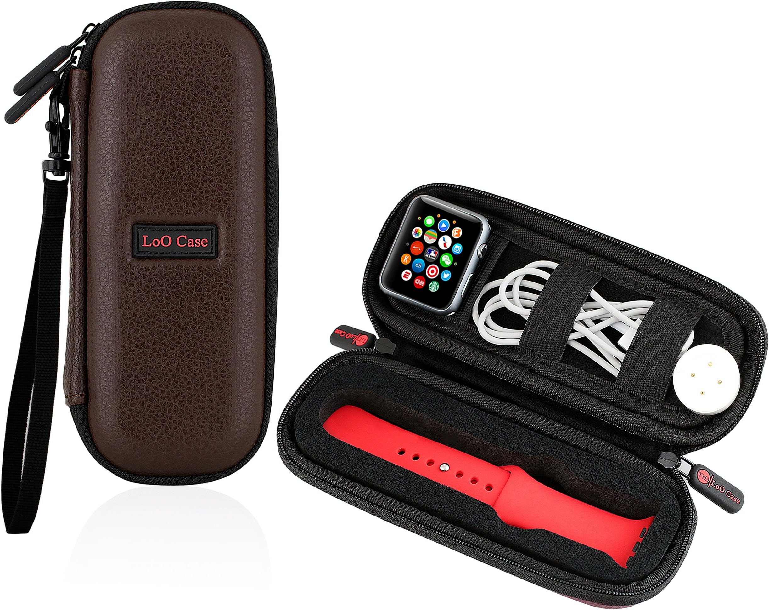 Smartwatch Travel Case Compact – For Smart Watch, Compatible with Apple Watch, Fitbit Blaze, Huawei – Watch Bands & Accessories Case – Holds Multiple Smartwatch Bands (Brown Leather)