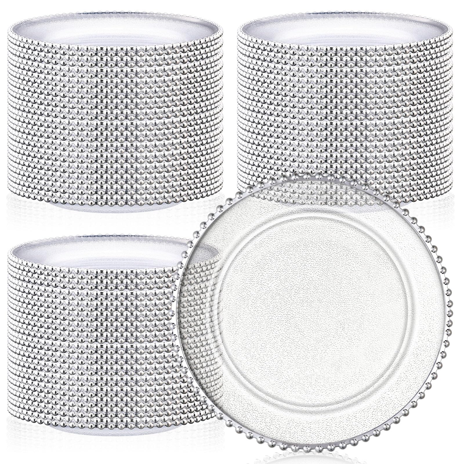 Photo 1 of Hoolerry 100 Pack Clear Charger Plates Bulk 13 Inch Acrylic Round Dinner Charger Plates Beaded Frosted Grain Dinner Decorative Dishes for Wedding Party Events Home Kitchen Tabletop(Sliver,Beads)