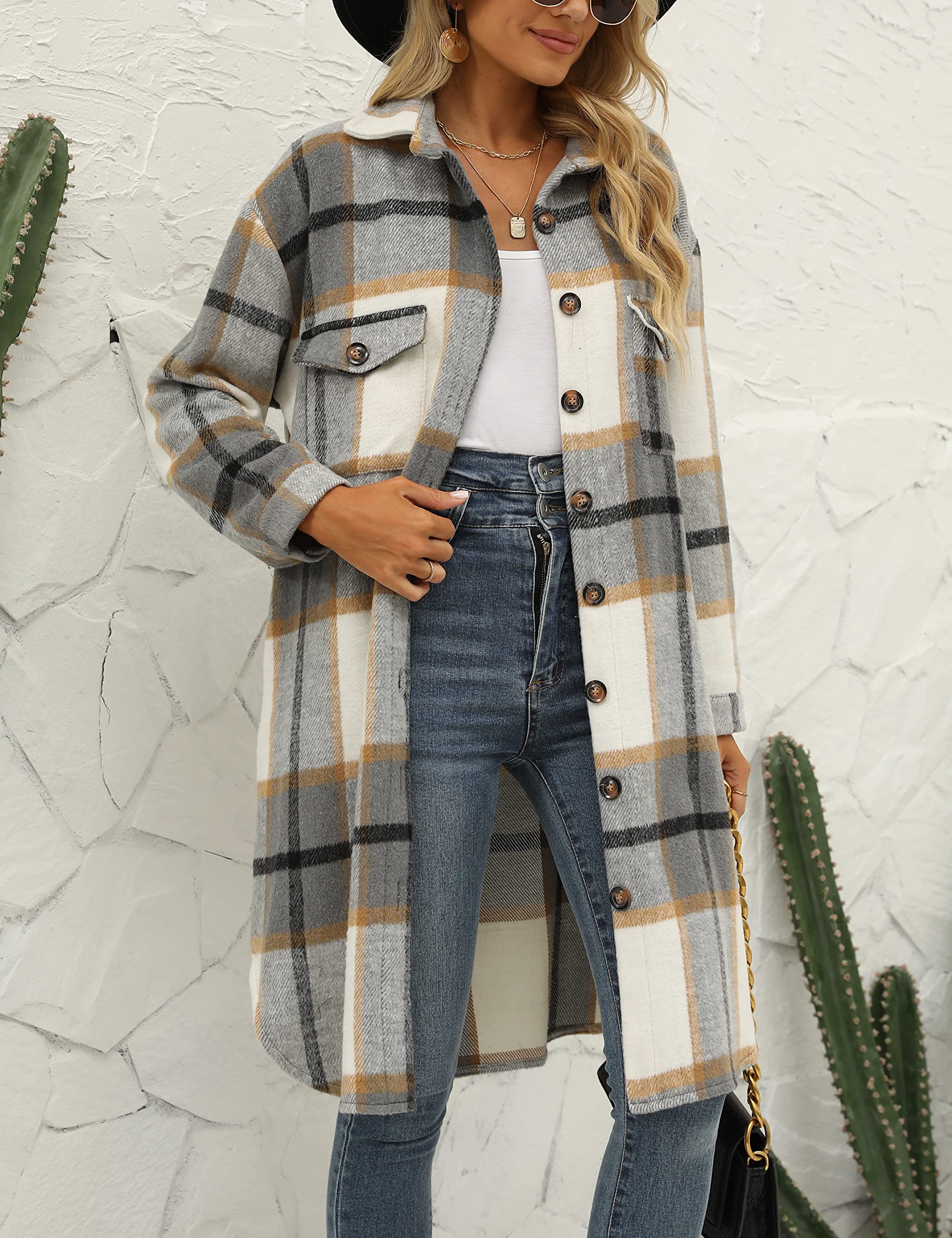 SeekMe Women's Long Plaid Shirt Jacket Shacket Lapel Button Down Woolen Blend Casual Tartan Over Shirt Trench Coat