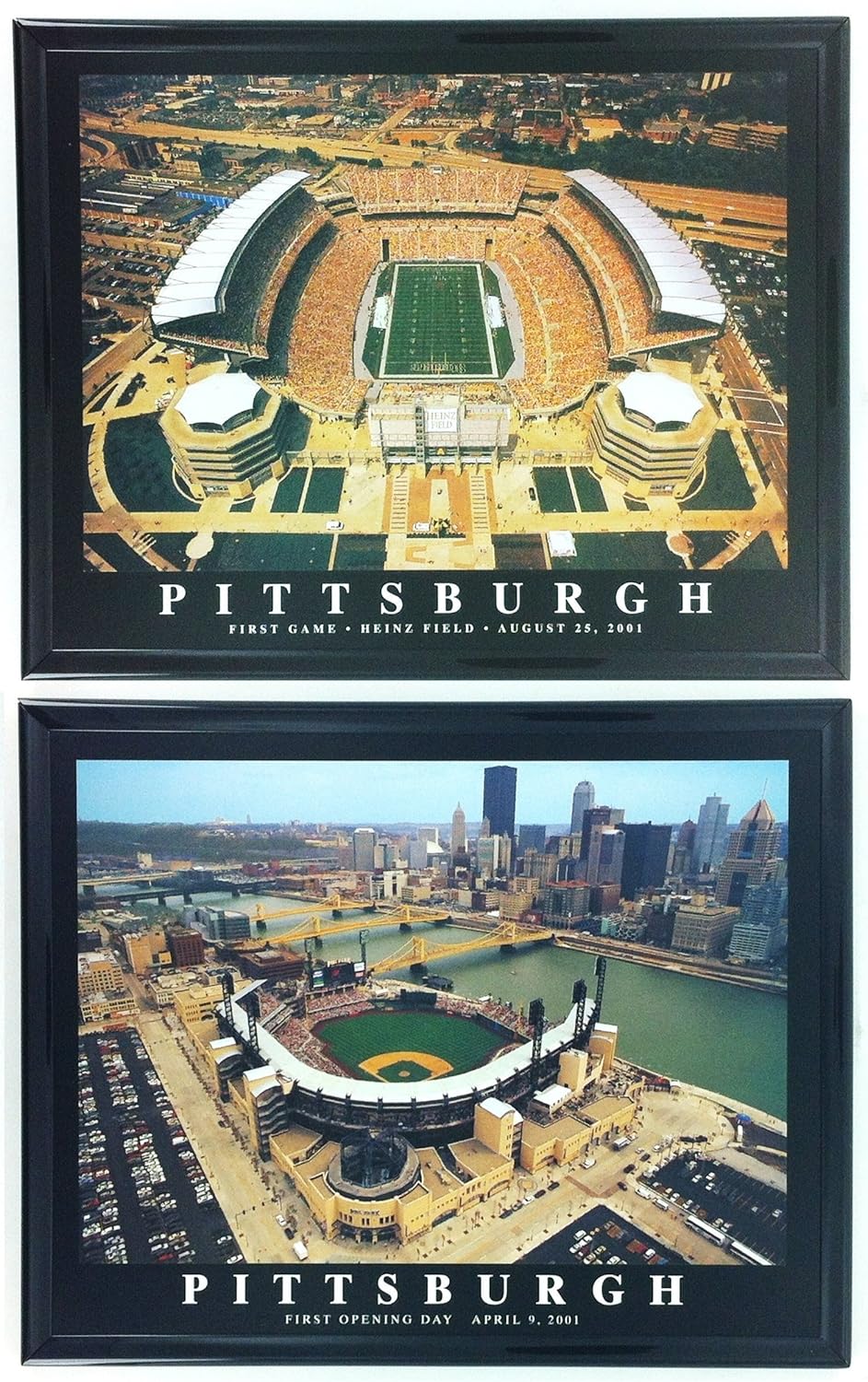 Steelers and Pirates Heinz Field and PNC Park in Pittsburgh, PA. Dramatic Framed Collector Lithographs of Aerial Photos set of 2. Historic Football and Baseball Wall Art. Great Gift!