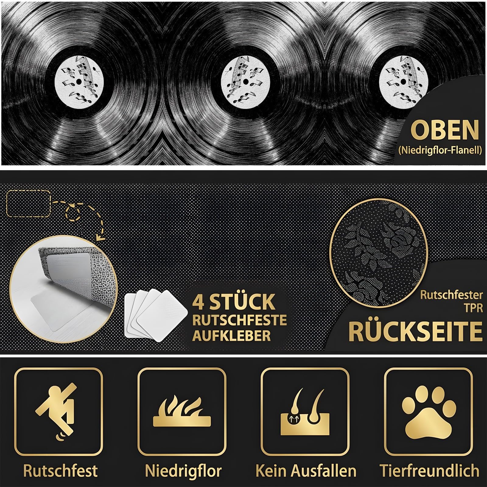 Flurteppich Läufer Retro Vinyl Schallplatten rutschfest