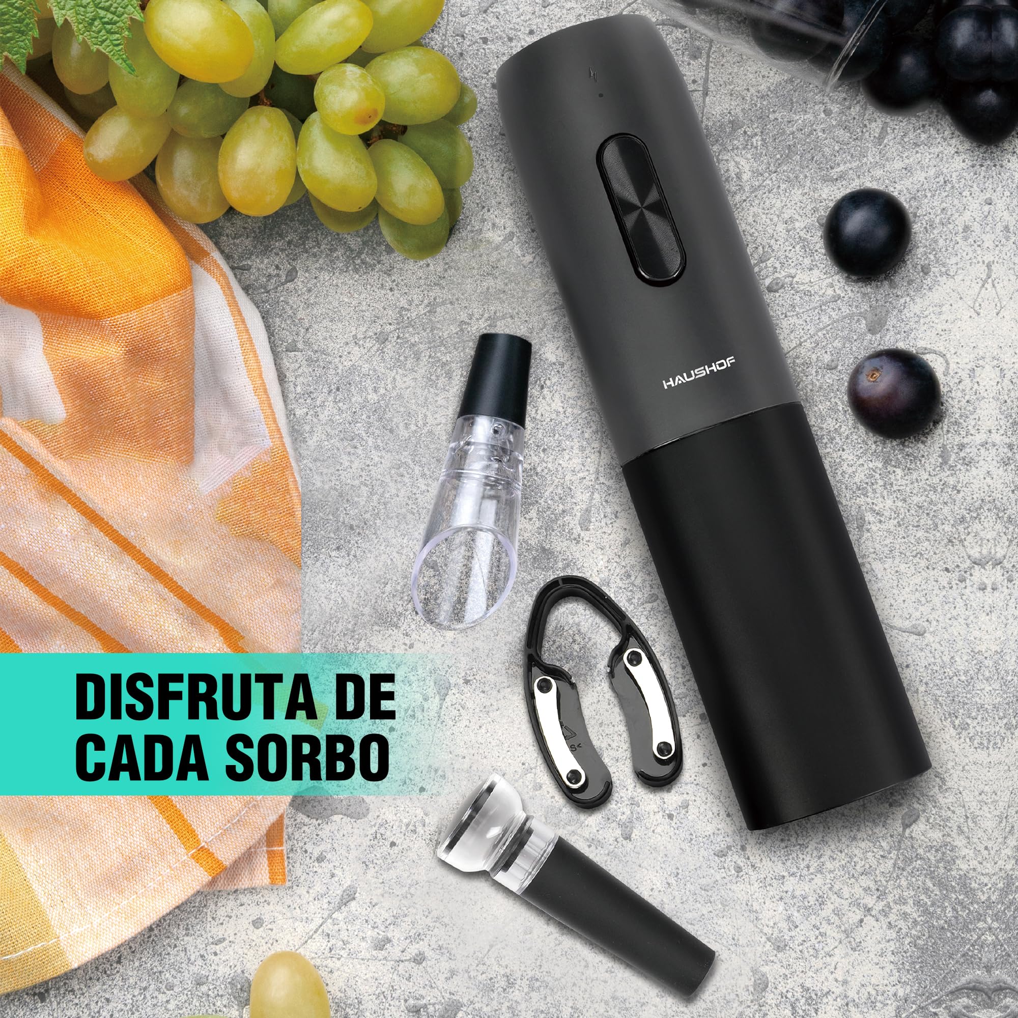 HAUSHOF Sacacorchos Eléctrico Recargable 6 en 1, Abridor de Vino Automático con Cortador de Láminas, Tapón al Vacío, Vertedor, Cable USB-C y Base