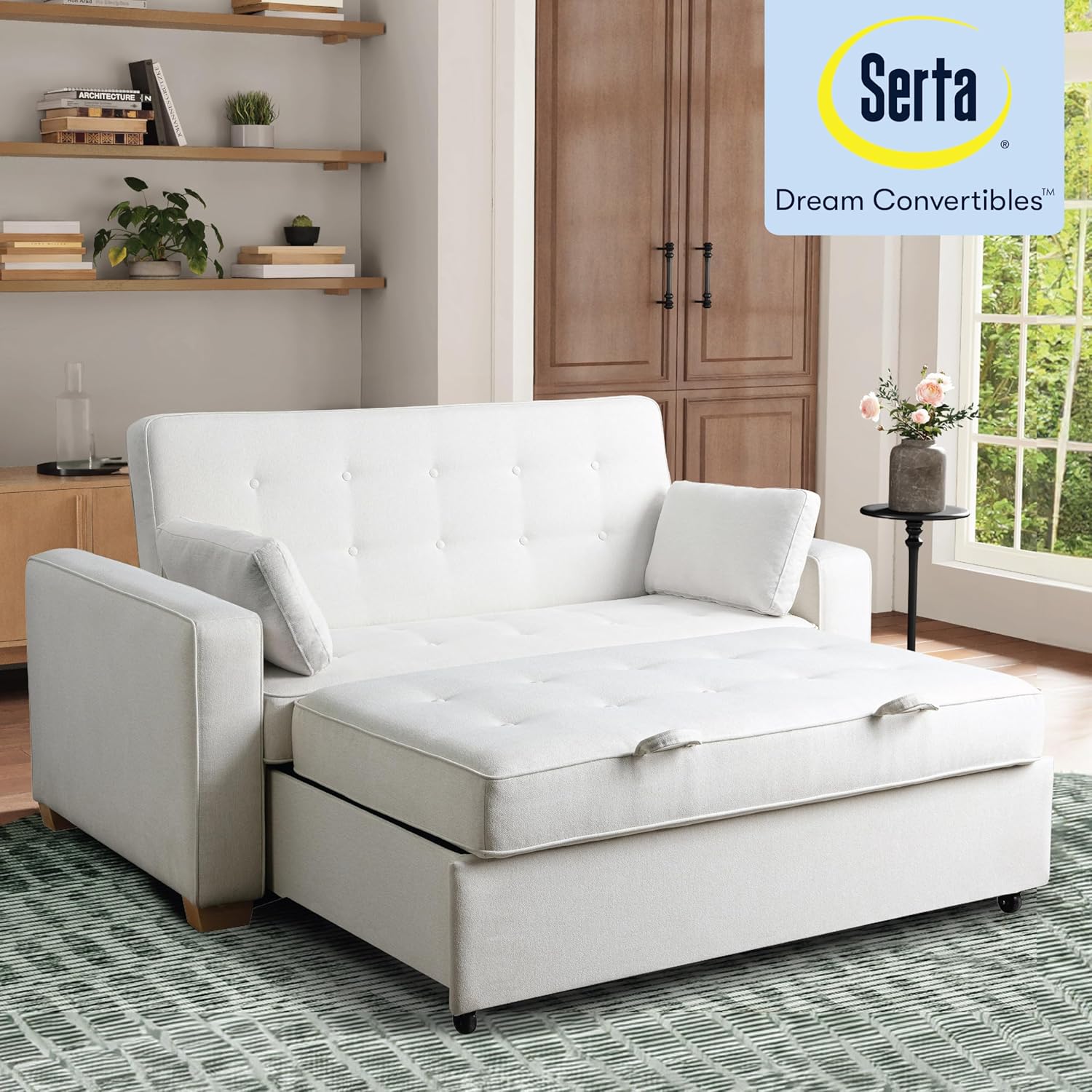 Serta Ainsley Convertible Loveseat Sleeper Sofa 3-in-1 Loveseat Lounger & Queen Sofa Bed Pull-Out Sleeper DreamCoils Easy Assembly Oyster Fabric