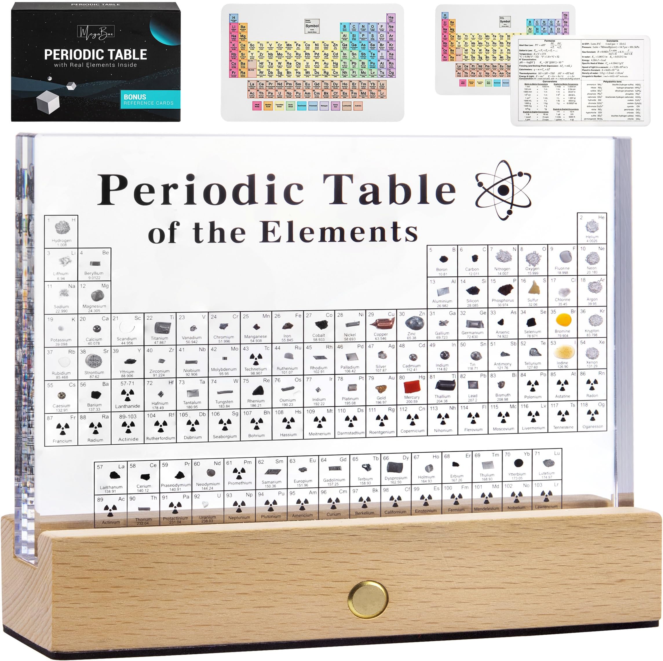 MegaBox Periodic Table With 83 Kinds Of Real Elements With Wooden Stand, Perfect Science Teacher Gift (Regular 6.0 X 4.5 in)