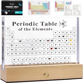 MegaBox Periodic Table Of Elements with 83 Real Elements, Acrylic Periodic Table Display With Wooden Stand, 6x Chemistry Formula Reference Cards, Science Teacher Gift Classroom Decoration