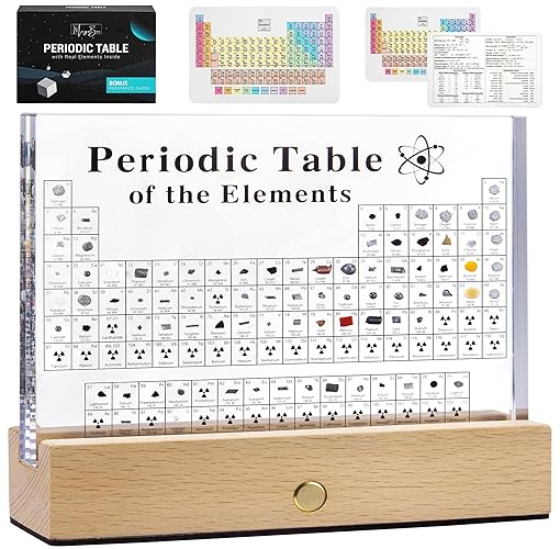 MegaBox Periodic Table Of Elements with 83 Real Elements, Acrylic Periodic Table Display With Wooden Stand, 6x Chemistry Formula Reference Cards, Science Teacher Gift Classroom Decoration - 6"L x 4.5"W