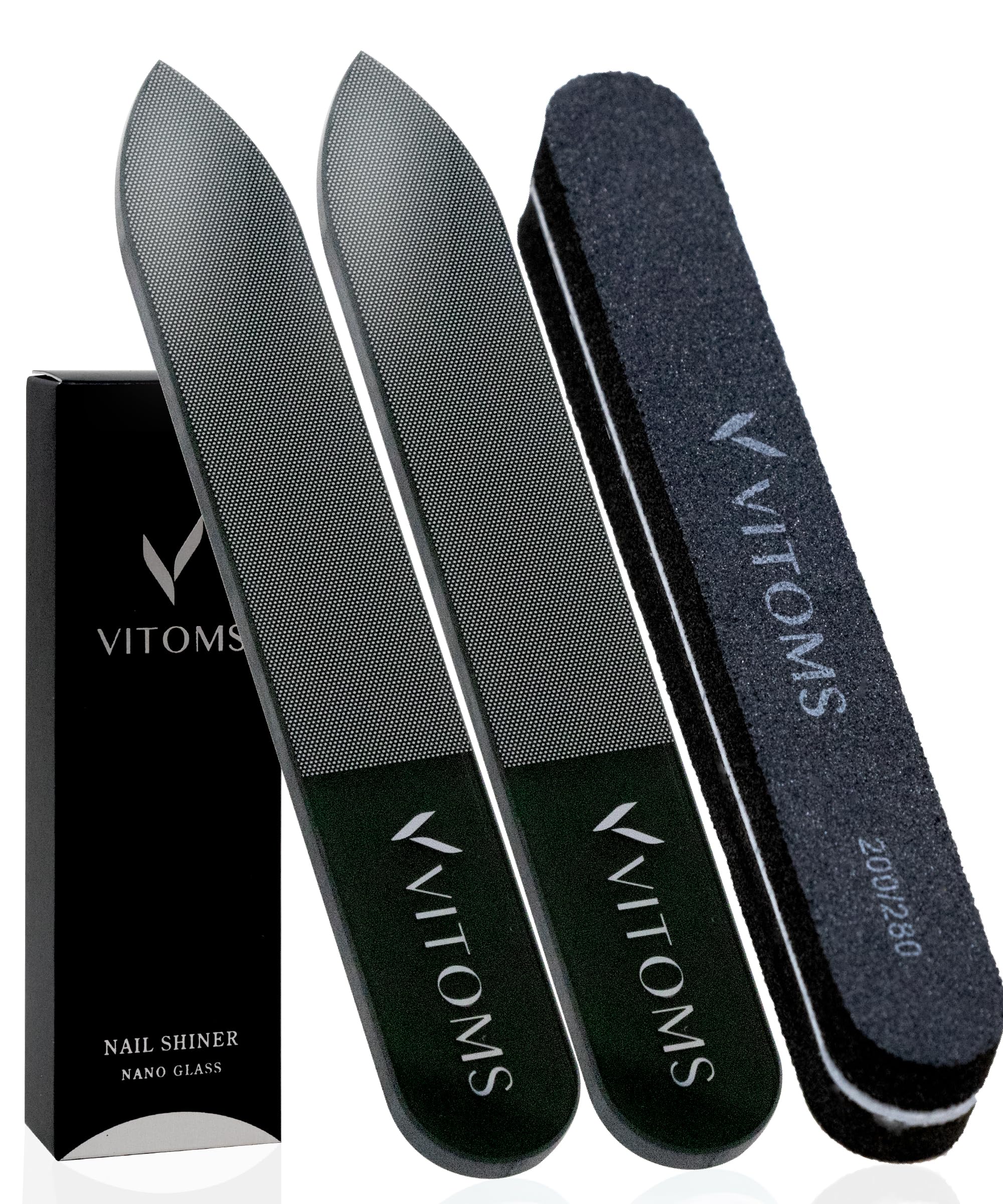 【TVシューイチで紹介】 VITOMS 爪磨き 爪やすり ガラスネイルシャイナー ブラック 黒 【仕上がりが変わる下処理スポンジ付】 男女兼用 メンズ レディース 艶出し ネイルケアセット ケース付 (スタンダード/ストレート2本セット)