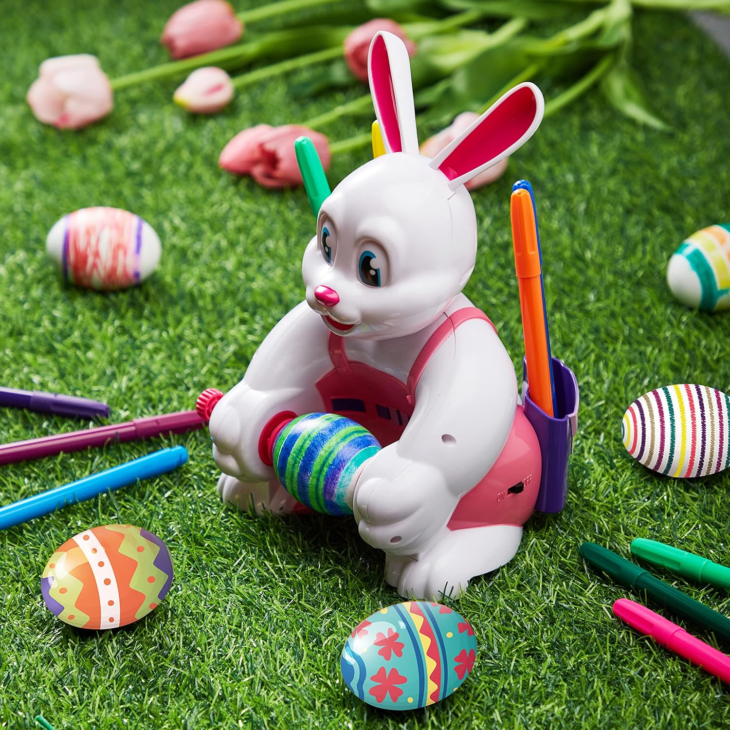 JOYIN Motorized Easter Egg Decorator Kit Spinner Easter Busy Pink Bunny Egg Whirler Decorating Machine with 10 Non-Toxic Markers for Kids Craft Activities