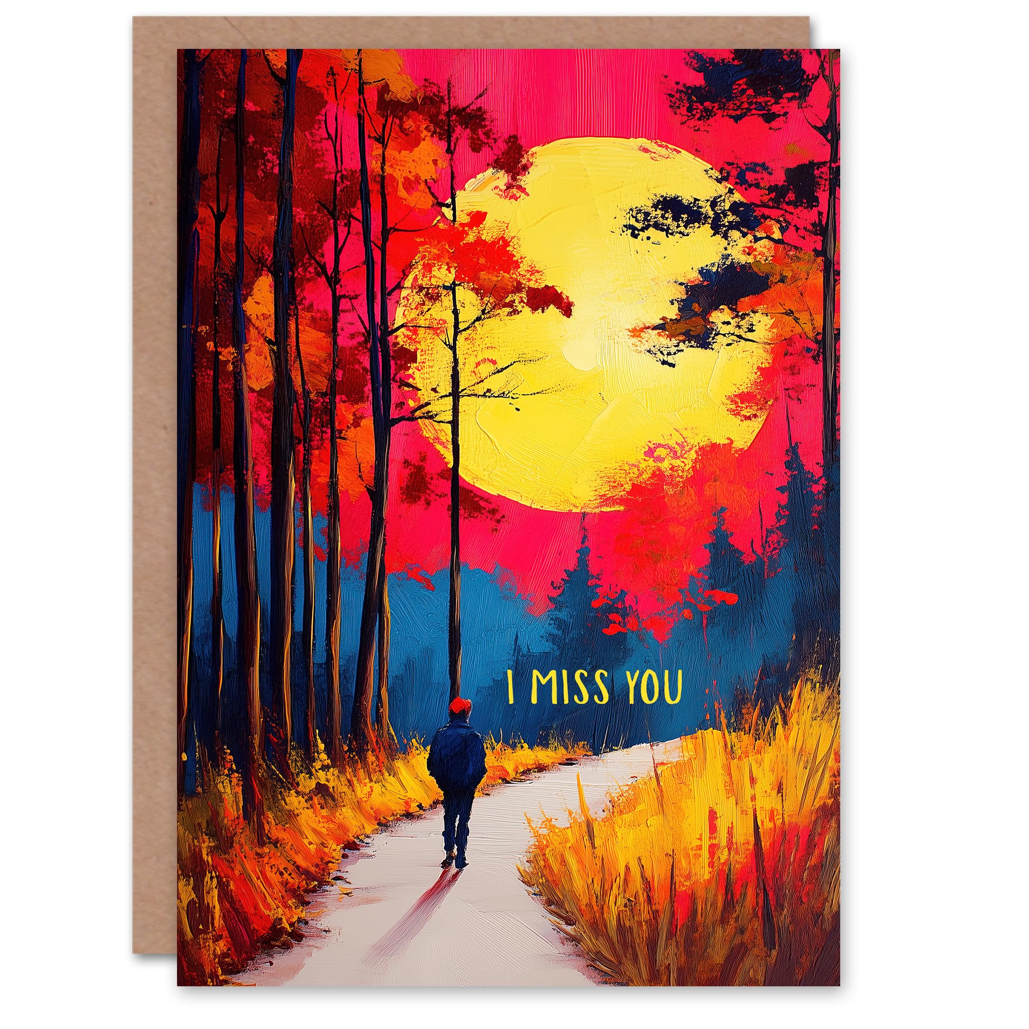 Miss You Greeting Card Autumn Forest Path Walk Vibrant Sunset Sky