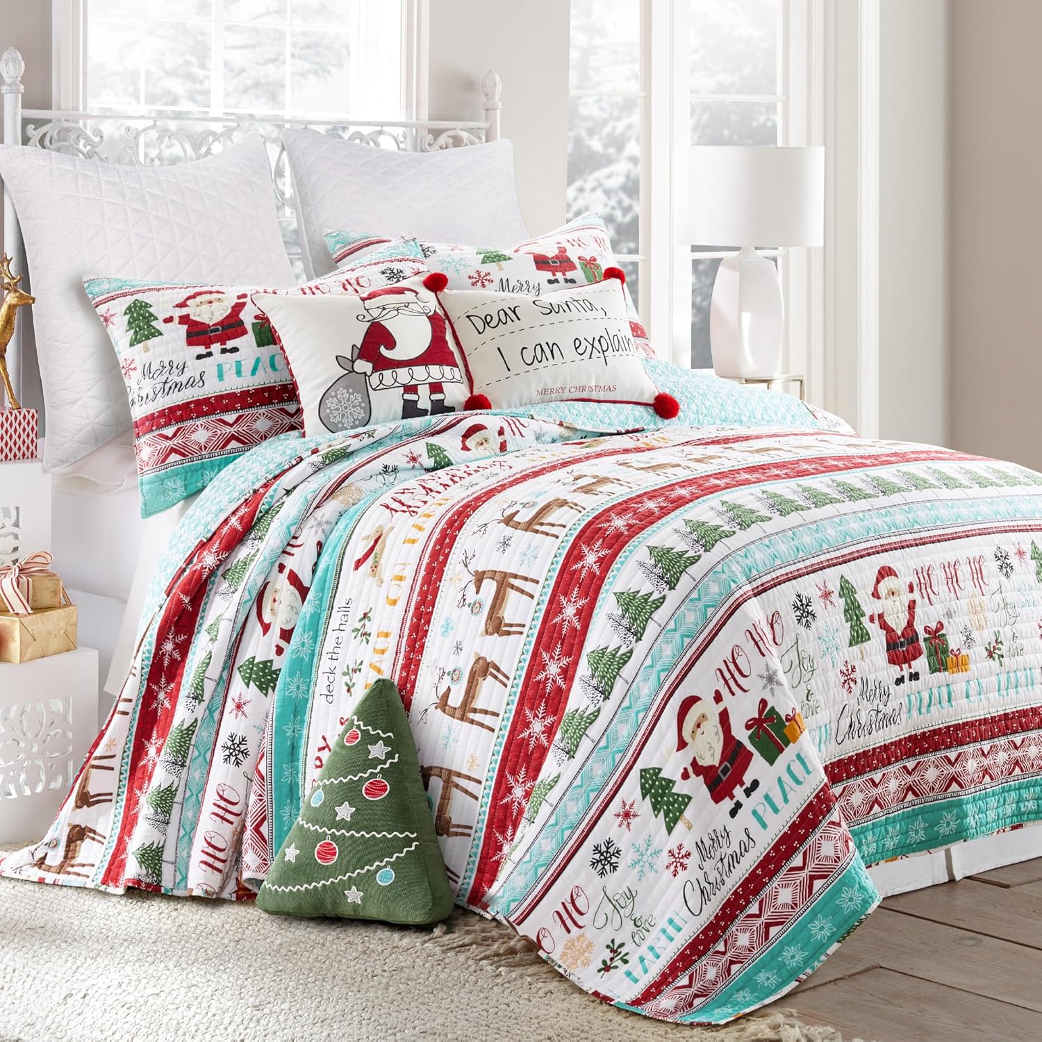 Levtex Home - Ho Ho Holidays Quilt Set - King Quilt and Two King Shams - Holiday Patch - Red Green White and Teal - Quilt (106x92in.) and Shams (20x36in.) - Reversible - Polyester