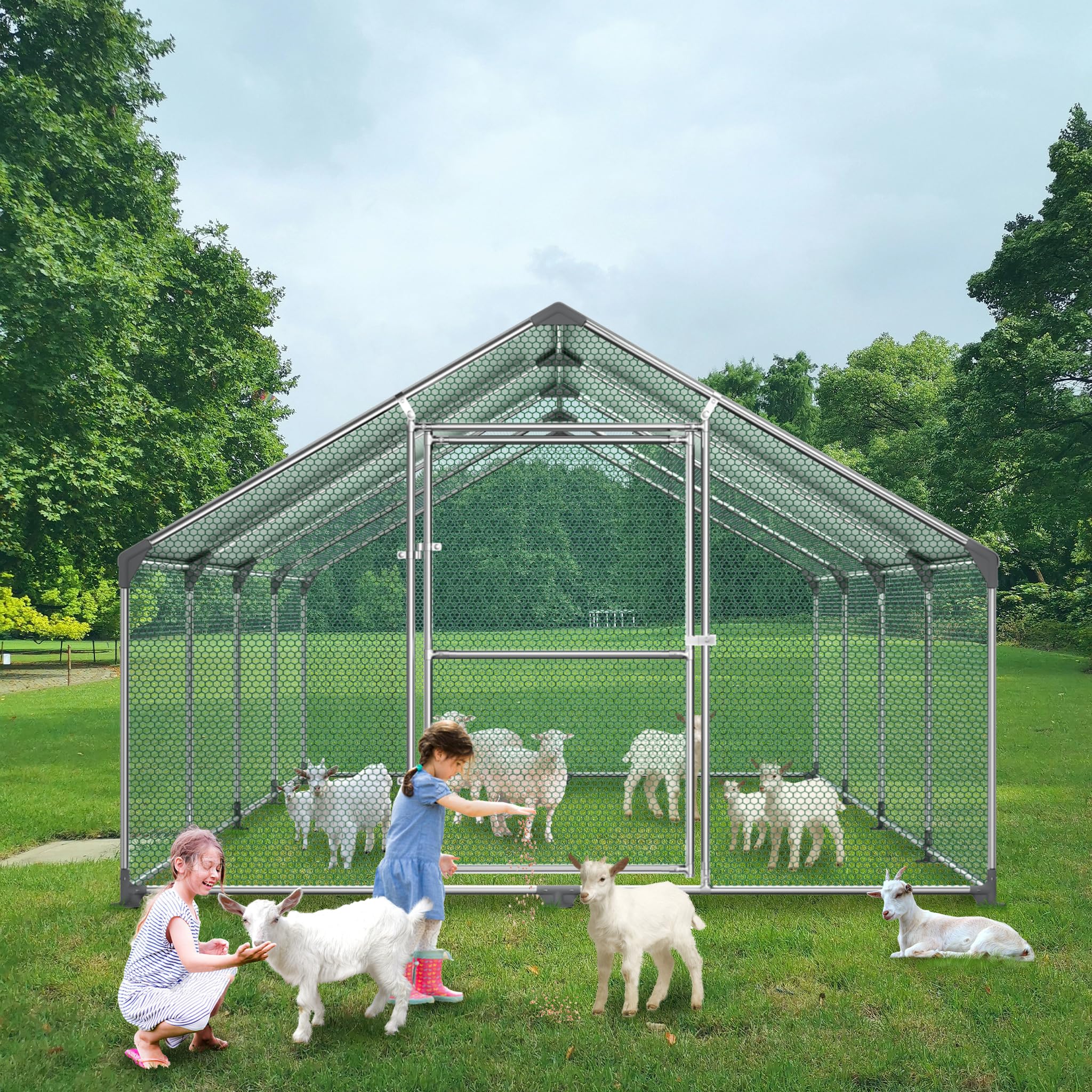 HENGMEI Pollaio 3x8x2m con recinto esterno, gabbie per piccoli animali, pollaio in acciaio zincato con tetto in PE, recinto esterno con serratura, gabbia per pollame