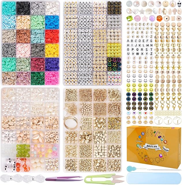 BOZUAN "Become A Fashionista" 8082Pcs 24 Colors 4 Boxes Polymer Clay Beads for Bracelet Making Kit - Jewelry Making kit with Natural White Turquoise, Natural Wooden Beads,Pearl Beads and More