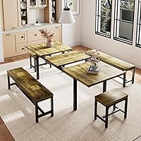 Vista 12 de Juego de mesa de comedor de 5 piezas para 4-6, juego de mesa de cocina extensible de 63" con 2 bancos y 2 taburetes, juego de mesa de comedor