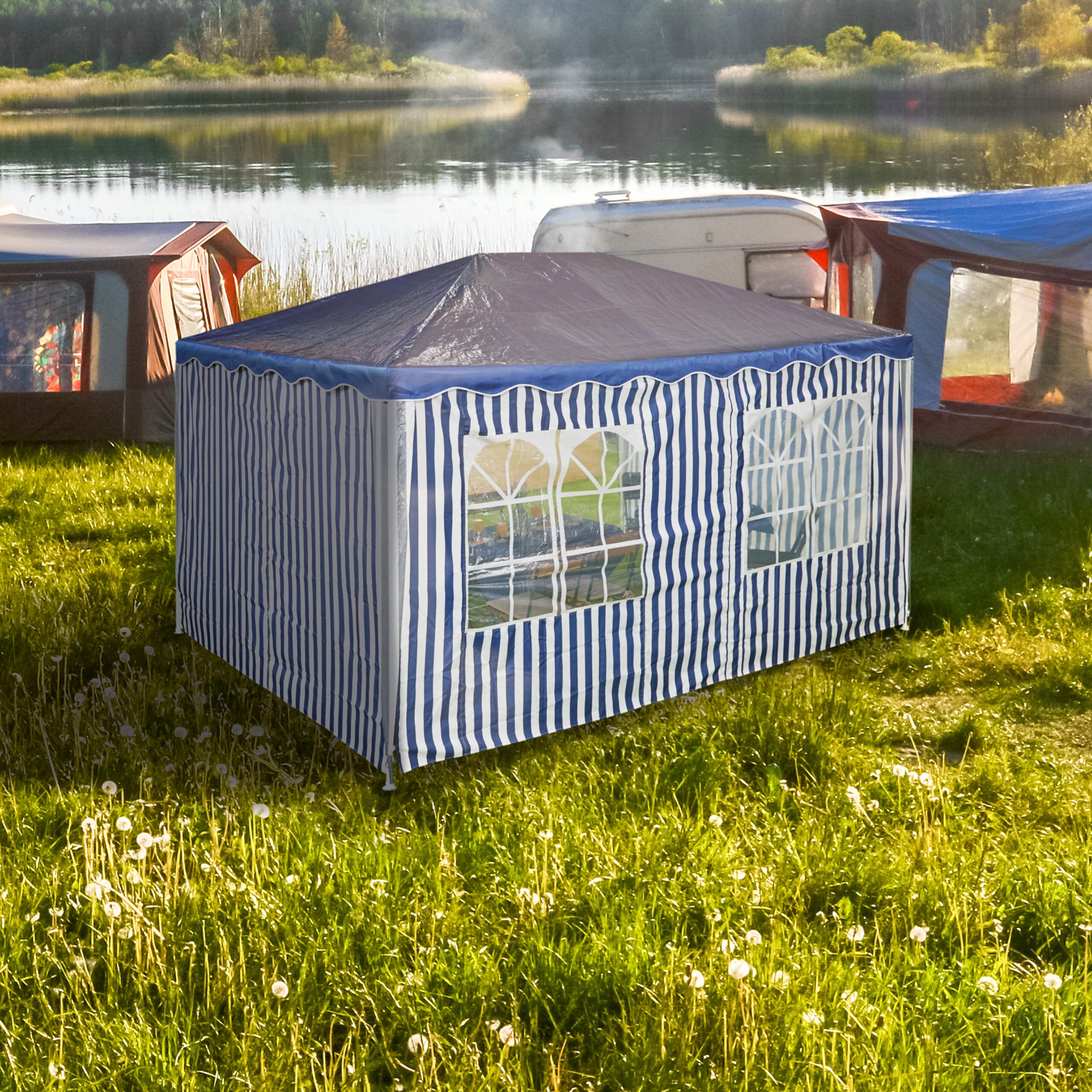Relaxdays Laterales Carpa 3x4m, Set de 3, Impermeables, Cerramientos con Cierre de Contacto, Poliéster, Azul y Blanco