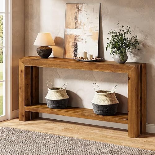 Miniatura 3 de Mesa de entrada de madera maciza de 63 pulgadas, mesa consola de sofá de 2 niveles detrás del sofá para pasillo, sala de estar, vestíbulo