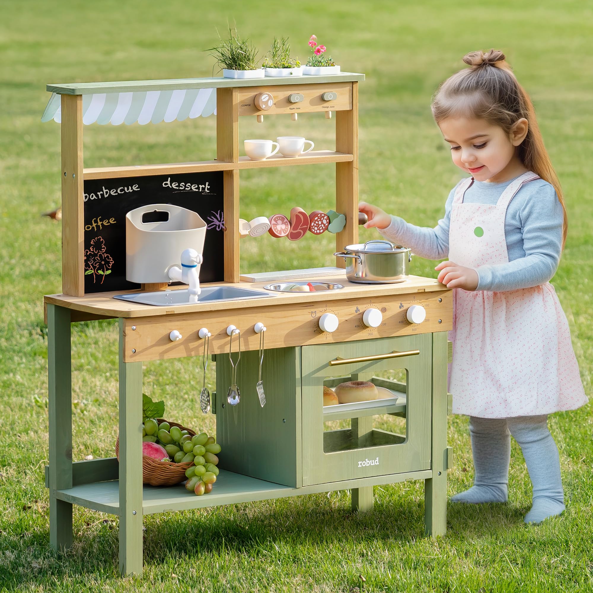 ROBUD Cocina de Madera para Niños, Cocina de Juguete con Fregadero Extraíble, Pizarra, Horno, Tazas para Café y Plantas, Juguete para Exterior para Barbacoas, Regalo para Niños y Niñas de 3+