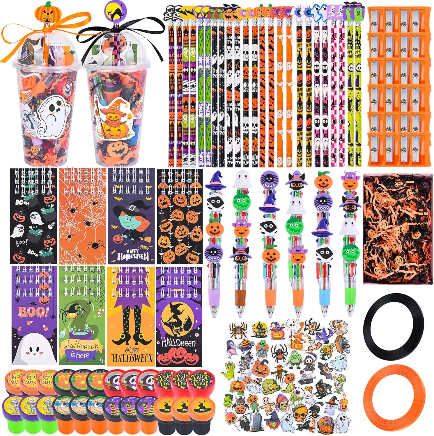 LiYiQ 247 Pcs Halloween Party Favors Return Gifts for Party, Student Stationery Gifts from Teacher, Pencil Erasers Notebooks Stickers for Halloween Classroom Birthday Goodie Bags Rewards Prizes