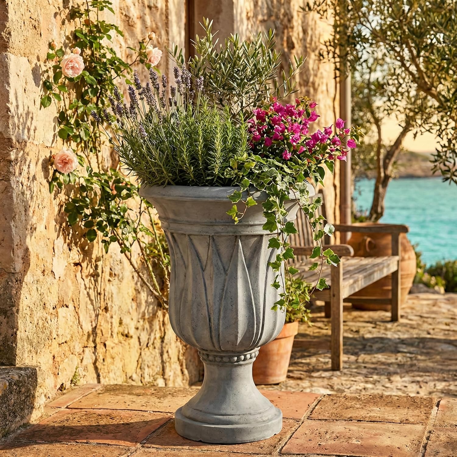 21" Granite Finish Cast Stone Leaf Urn Planter