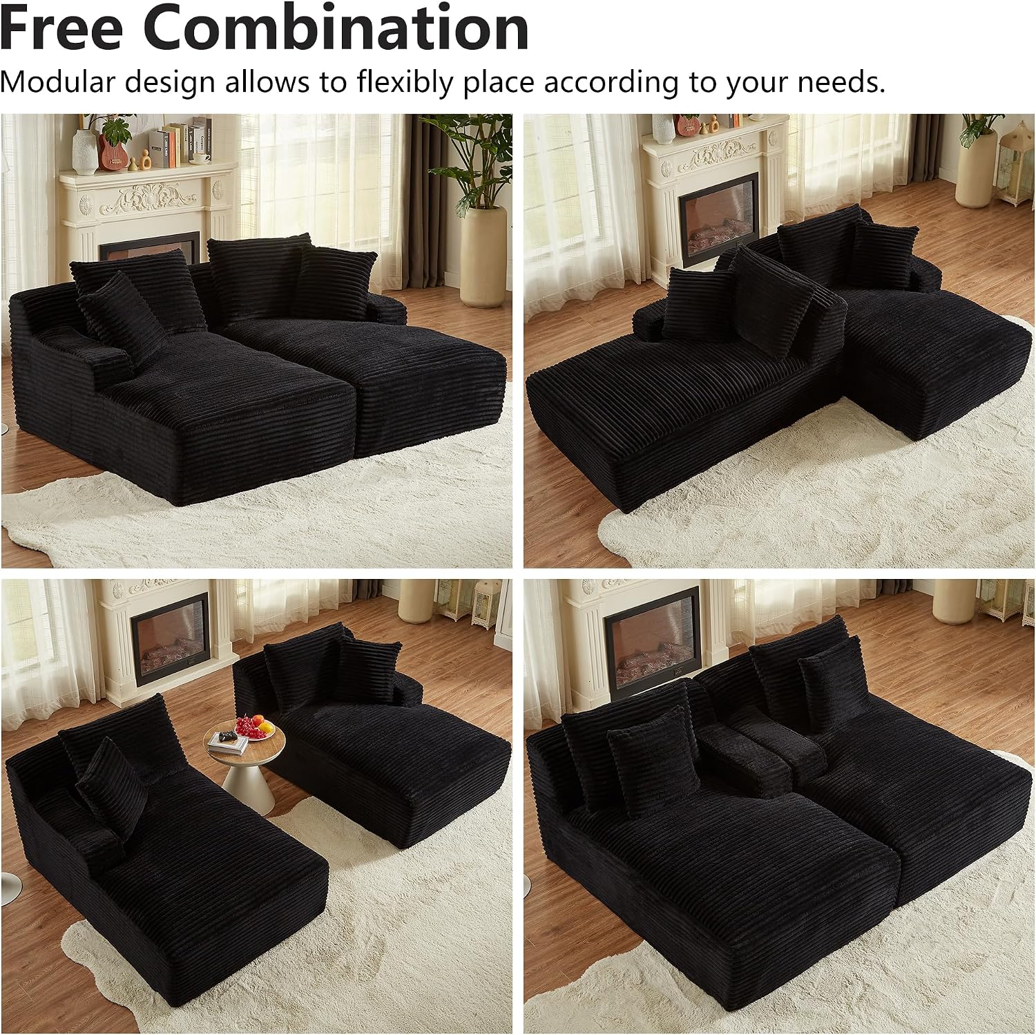 Oversized Double Chaise Lounge Chair Indoor, 78.8" Boneless Loveseat with Pillows & Armrest, Corduroy Sleeper Sofa Bed with Deep Seat, Comfy Cloud Couches for Living Room, Black