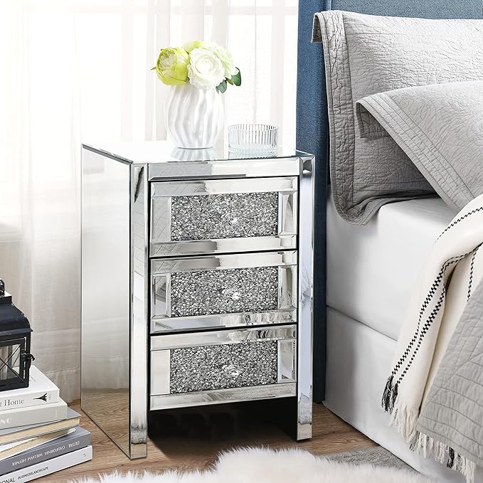 Alohappy Mirrored Nightstand with 3Drawers, Mirror End Table Silver Bedside Table