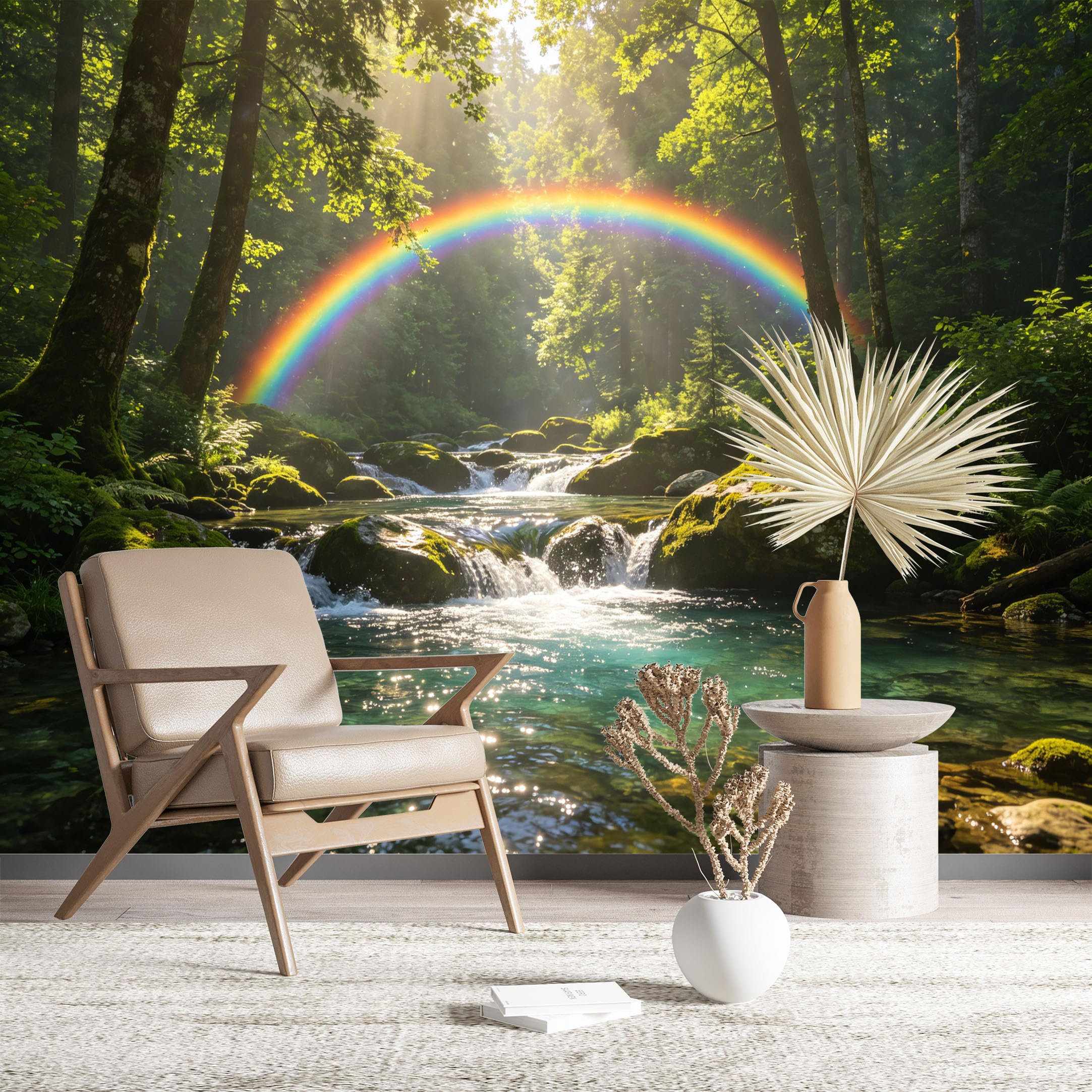 Custom Size Wall Murals Forest Stream with Rainbow Vivid Self-Adhesive Wall Fabric (NO PVC) Removable Wallpaper for Living Room Bedroom