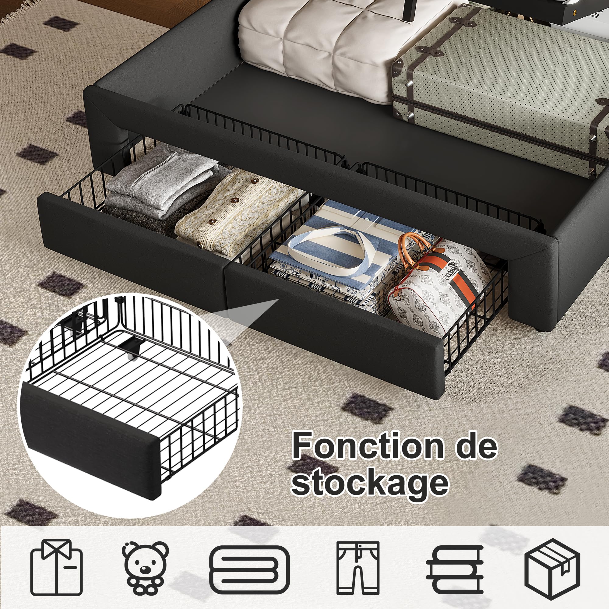 Cama 160x200 con Almacenaje Hidráulica y 2 Cajones, Cama Tapizada de Matrimonio con LED y USB, 160x200 Camas Canape con Cabecero y Somier, Lino