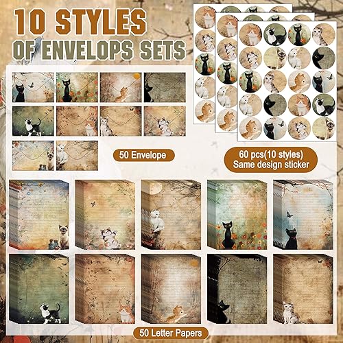 Miniatura 5 de TaoBary Juego de 160 piezas de papel de papelería, 50 papeles de papelería de doble cara con 50 sobres a juego y 60 calcomanías de puntos redondos,