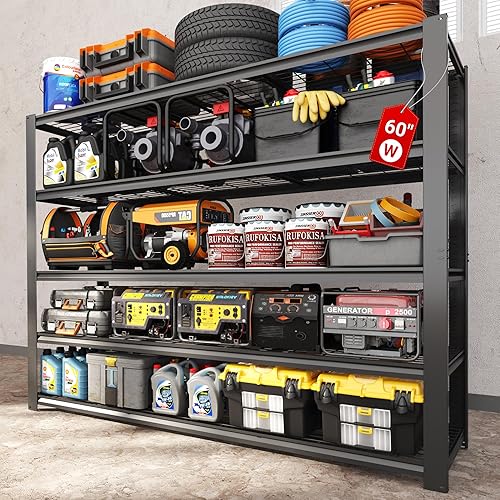 Miniatura 10 de FLEXIMOUNTS Estantería de garaje resistente, 49.6 pulgadas de ancho, 4 niveles y 10000 libras, estantería industrial con 4 ganchos, estantes de
