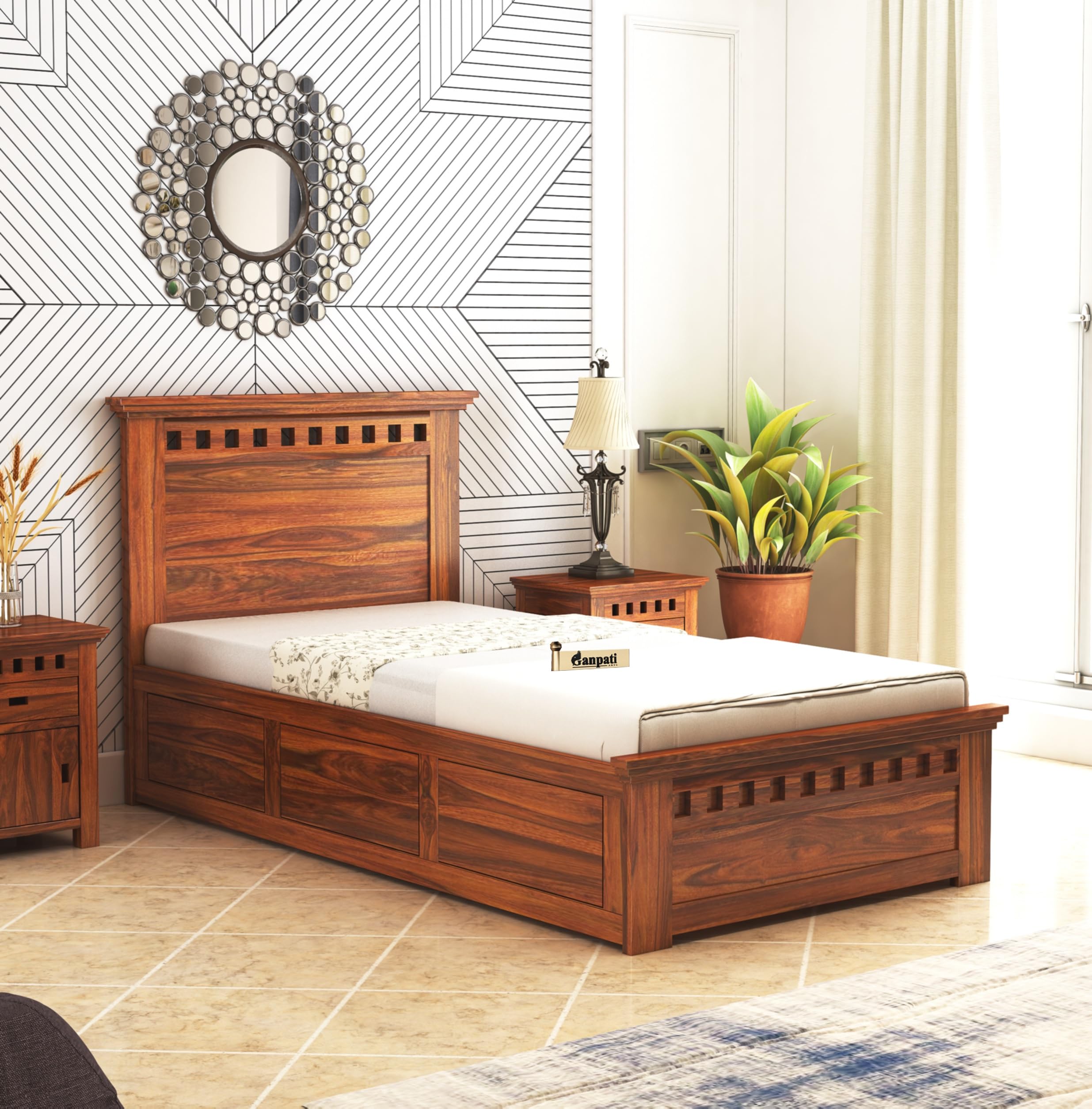 Ganpati Arts Sheesham Wood Armania Single Size Bed with Box Storage for Bedroom Wooden Single Bed Palang for Home 1 Year Warranty (Natural Finish)