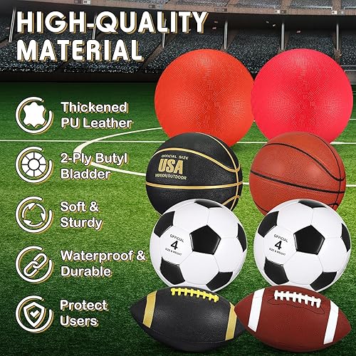 Vista 3 de Liliful Juego de 8 pelotas deportivas con bomba de malla, regalos para niños y adolescentes, operación de Navidad, baloncesto, fútbol, fútbol, patio