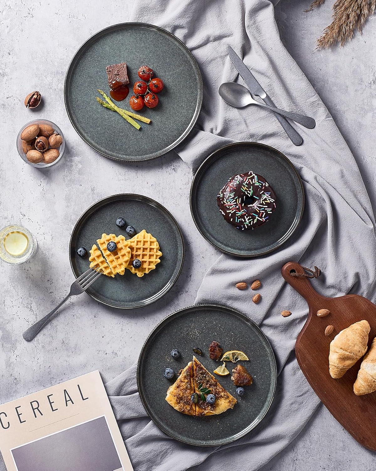 famiware Star Dinner Plates for 6, 10 inches Plate Set, Scratch Resistant, Stoneware Dinnerware, Kitchen Modern Rustic Serving Dishes, Deep Forest