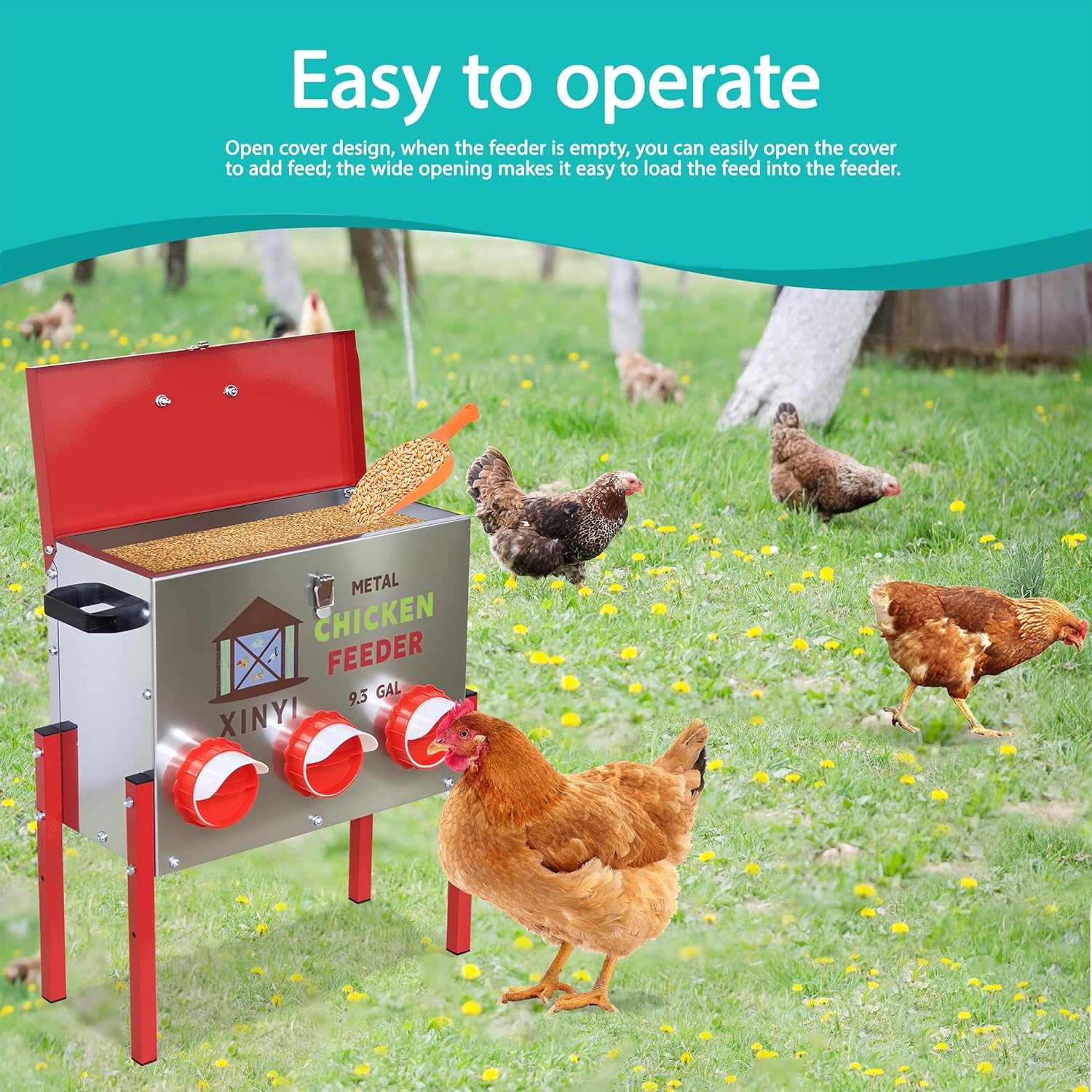 XINYI 9.3 Gallon Automatic Chicken Feeder, 6 Ports Gallon Chick Feeder No Waste with Adjustable Legs, Rodent Proof & Weatherproof Metal Raised Poultry Feeder