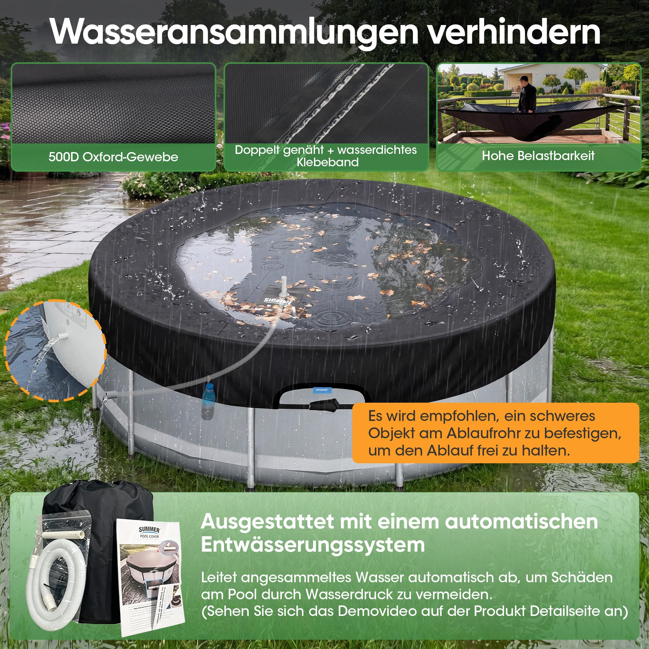 SIHAIAN Rundpoolabdeckung 305cm, Solar Poolabdeckung mit automatischem Abfluss für Aufstellpools, UV-Beständig, patentiertes einteiliges Spannsystem, verhindert Wasseransammlungen