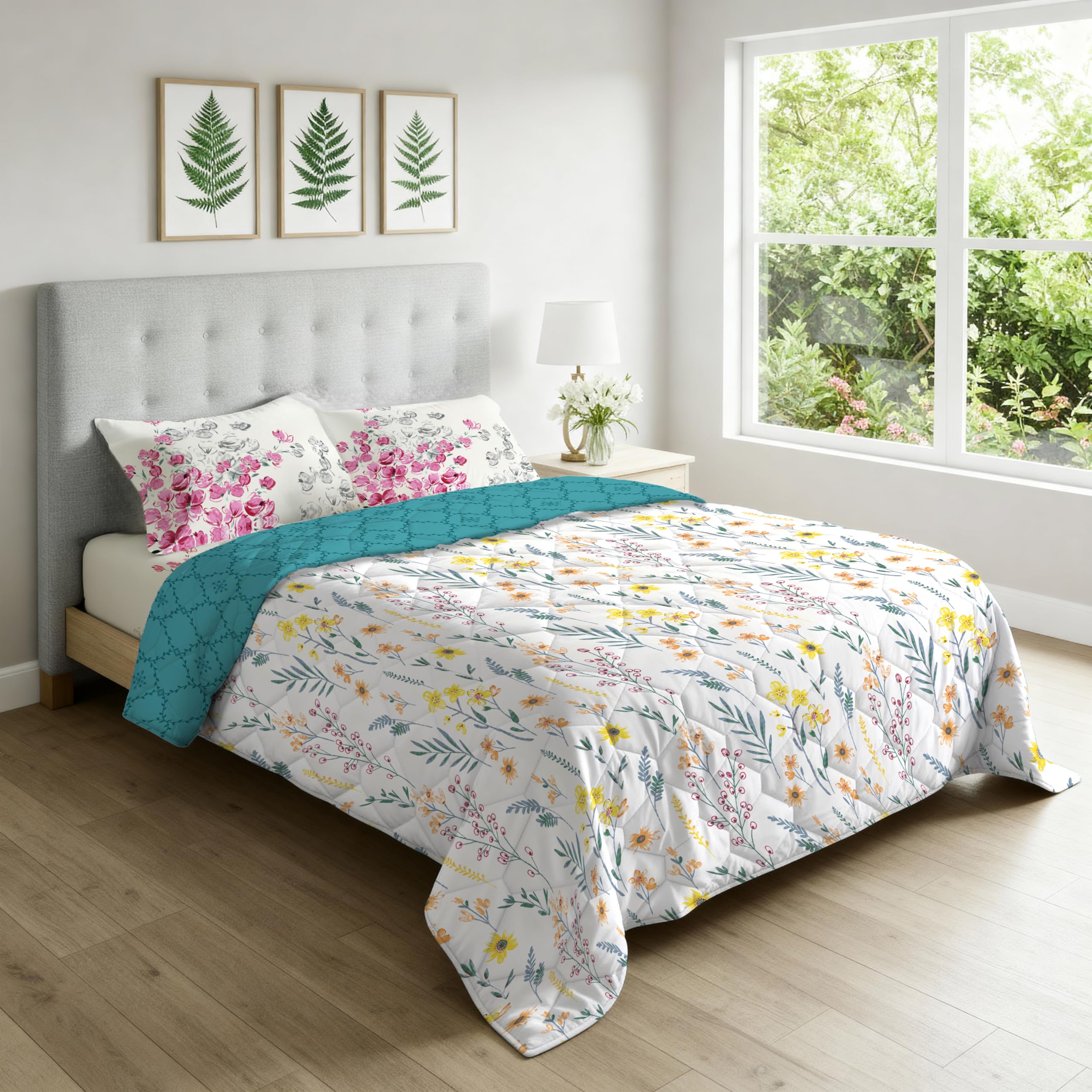 Urban Space 200 TC 100% Cotton AC Comforter/Duvet/Blanket for Double Bed with 1 Cotton Double Bedsheet with 2 Pillow Cover Floral( 4 Piece bedding Set, France and Majestic pink )