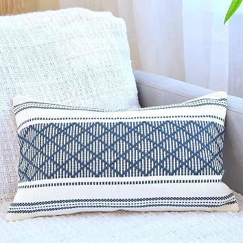 Cotton Woven Designer Lumbar Throw Pillow Cover Color Navy Blue/Cream White, Lumbar - 12 x 20 inches | Oblong Small Rectangular Pillow Cover Single Piece