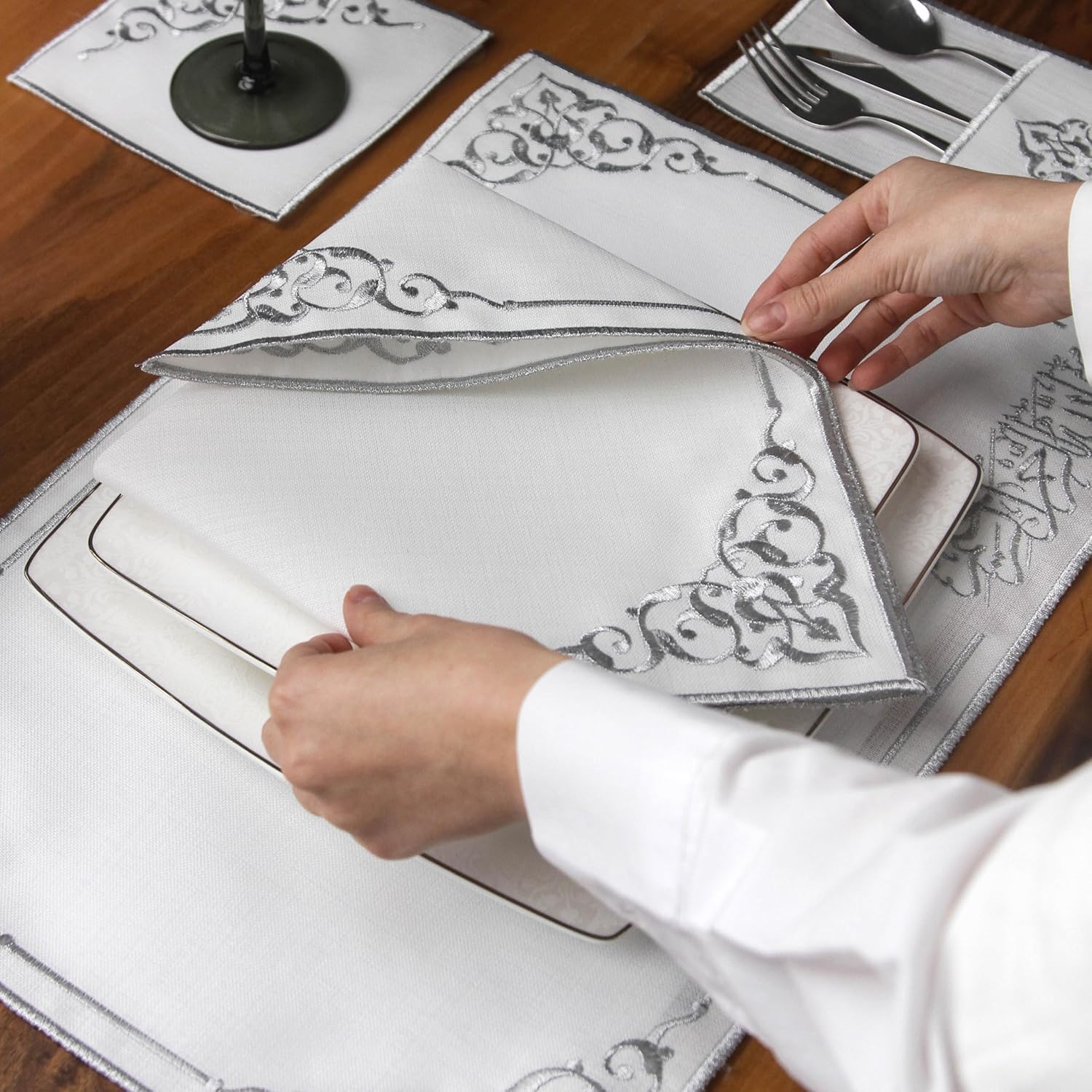 Embroidered Placemats with Silver Scrollwork Design, White Linen Table Mats with Decorative Border, Elegant Dining Table Linens Set, Islamic Placemats, Basmala for 6 Person / 24 Piece