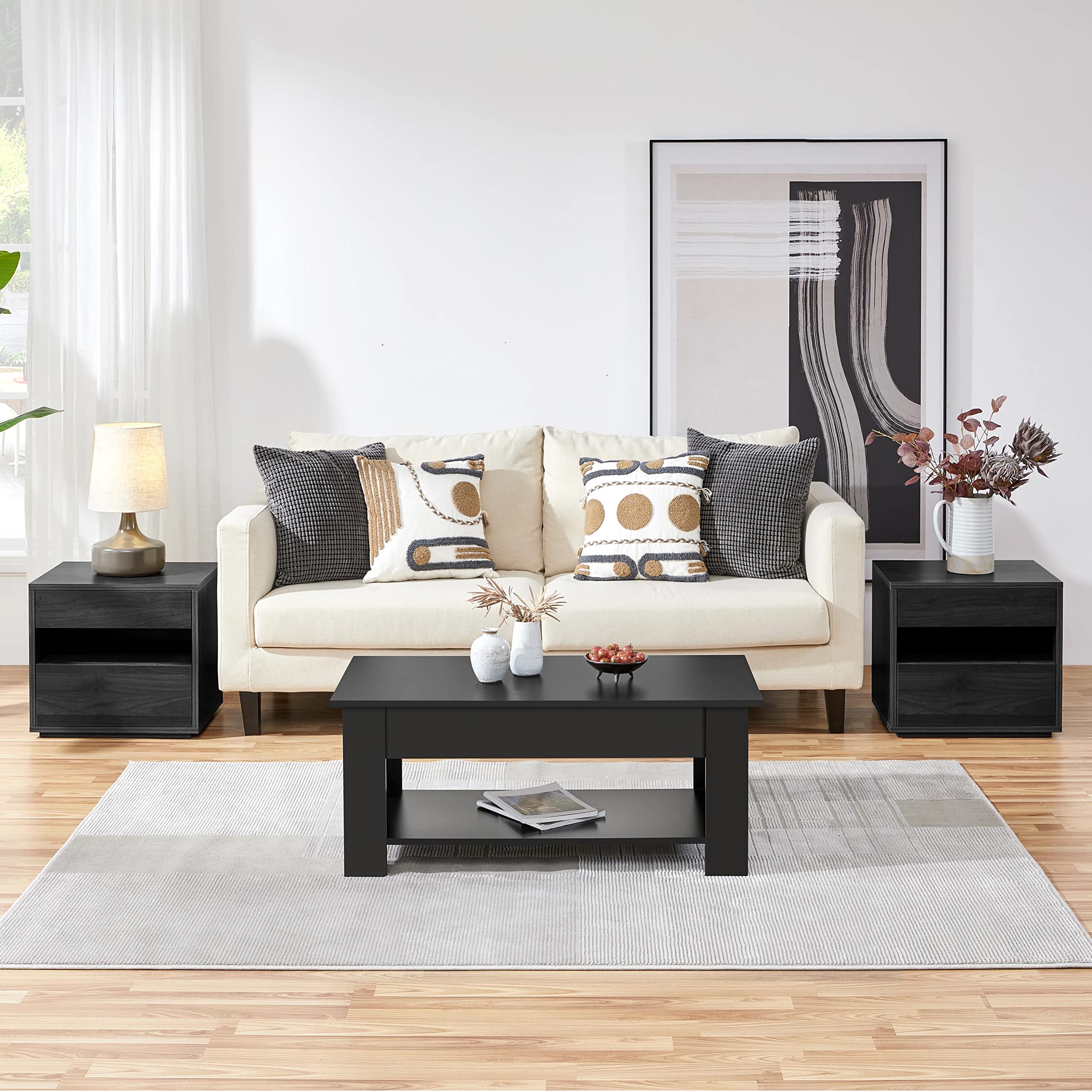 Yaheetech Table Basse avec Plateau Relevable en Bois MDF, Table de Salon Moderne avec Compartiment Caché et Porte-Revues, Une Étagère de Rangement, Bureau Chambre Salon
