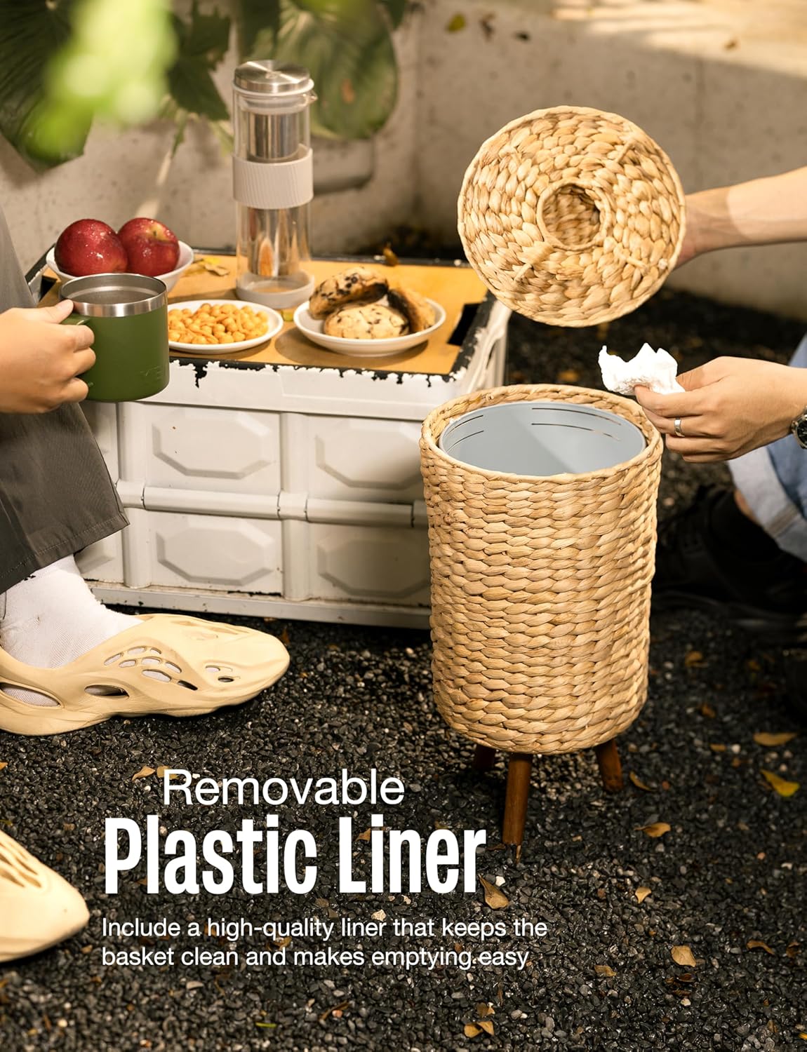 2 Gallon Wicker Trash Can with Lid, Water Hyacinth Wicker Waste Basket for Bathroom - Decorative Bathroom Trash Can with Wooden Leg - Rattan Garbage Can with a Lid, Liner - Assembly Required