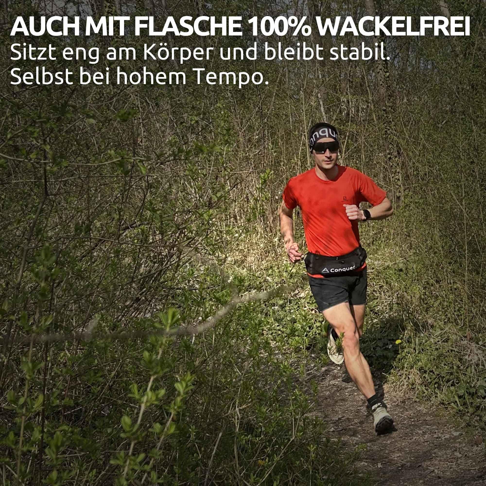 Conquer Laufgürtel Damen & Herren – Running Belt & Trinkgürtel Joggen mit Handy-Fach | Verstellbarer Laufgurt für Trinkflasche, ohne Schnalle – Kein Wackeln, kein Reinzwängen