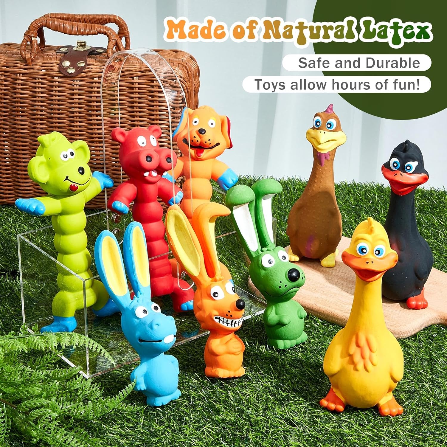 Wettarn 9 Pcs Latex Squeaky Dog Toys 7 Inch Soft Rubber Dog Chew Toy Animal Standing Stick Puppy Fetch Interactive Play Assorted Animal Accessories Gift for Small Medium Large Pet Christmas(Classic)